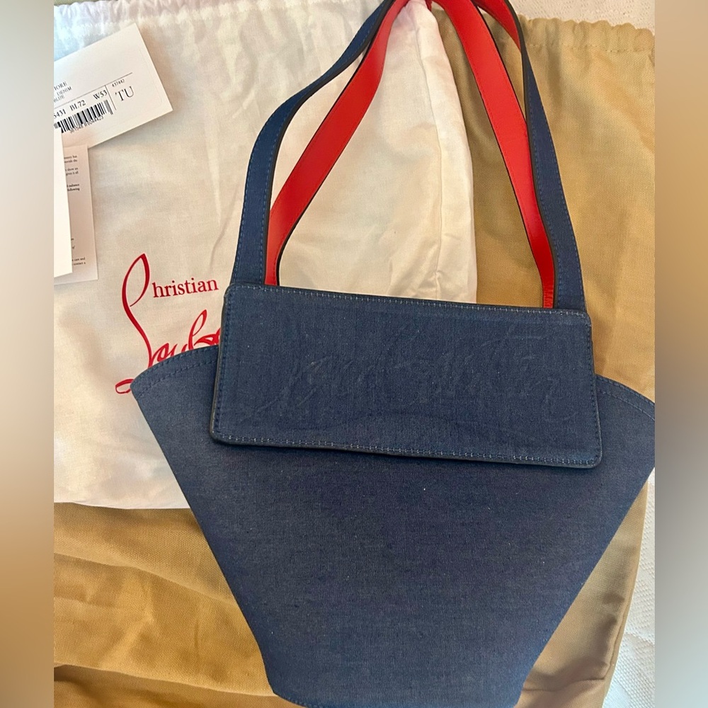 New Christian Louboutin Loubishore Denim Tote with Red Leather Interior
